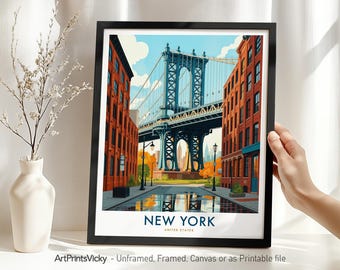New York Travel Poster, DUMBO Brooklyn Print, NYC Cityscape Wall Art, Iconic NYC Architecture Illustrations Decor, Housewarming Gift
