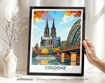 Cologne Germany Travel Poster | Cologne Wall Art Print | German Landmark Illustration | Rhine River City Decor