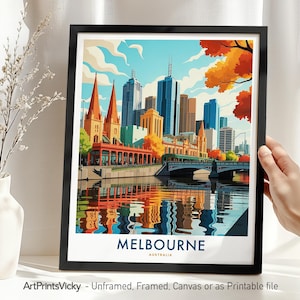 Melbourne Australia Travel Print | Skyline Wall Art Poster | Illustrator City Art for Home Decor or Gift