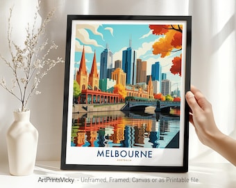 Melbourne Australia Travel Print | Skyline Wall Art Poster | Illustrator City Art for Home Decor or Gift