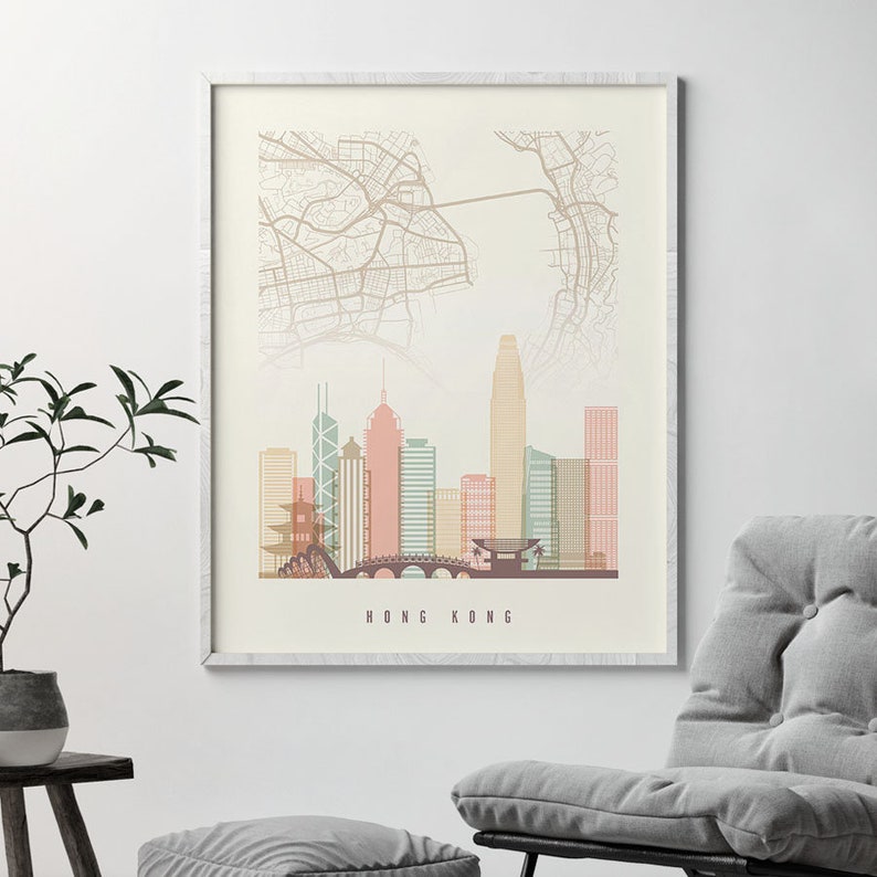 Hong Kong map poster print Hong Kong skyline wall art city | Etsy