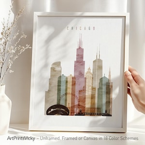 Stampa artistica da parete di Chicago, poster con lo skyline di Chicago, arte della città dell'Illinois, regalo da viaggio, arredamento per la casa, ArtPrintsVicky
