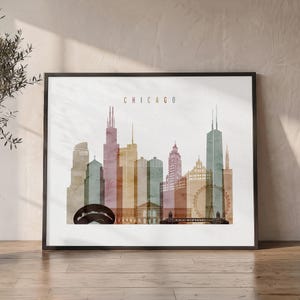 Impresión de Chicago, póster de arte mural, horizonte de Illinois, regalos de viaje, decoración de oficina imagen 1