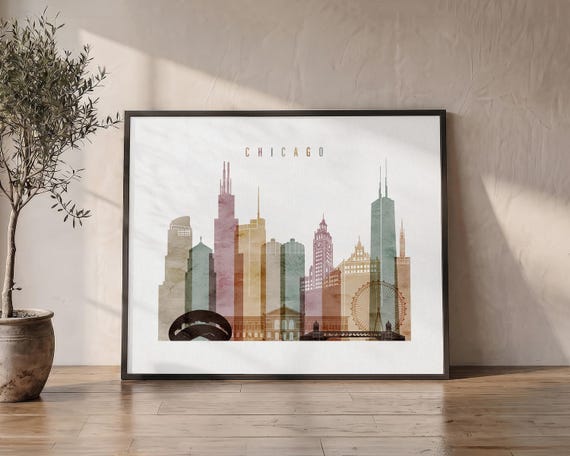 Chicago Print, Wall Art Poster, Illinois Skyline, Travel Gifts, Office Decor