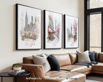 3 Piece Wall Art Prints of New York, London and Paris | Poster Set | Home or Office Decor | ArtPrintsVicky
