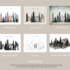 a set of four art prints with a city skyline in black and white