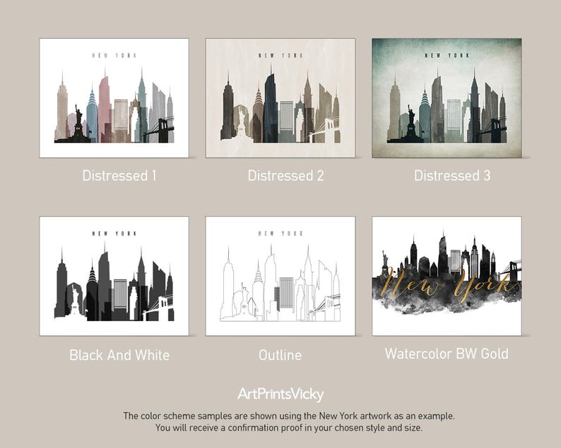 a set of four art prints with a city skyline in black and white