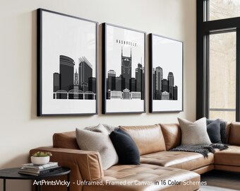 Nashville 3 Piece Wall Art Posters Framed, Unframed or Canvas in 16 Colour Schemes