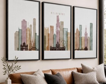 Melbourne Skyline Set of 3 Wall Art Prints, Cityscape Poster Set