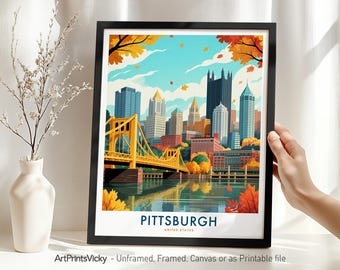 Pittsburgh Travel Print – Pennsylvania, Pittsburgh Poster Skyline, Steel City Wall Art, Cityscape Modern Decor for Home or Office