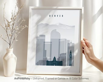Denver Wall Art Print, Denver Poster Skyline in Grey Blue Hues | ArtPrintsVicky