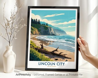 Lincoln City Oregon Travel Print, Lincoln City Poster, Wall Hanging Cityscape, Modern Home Decor, Housewarming Gift