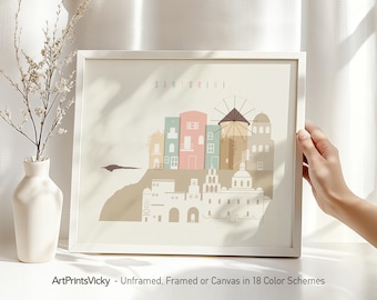 Santorini Poster in Warm Pastel Hues, Santorini Print, Greece Travel Art | ArtPrintsVicky