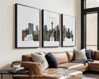 Calgary 3 Piece Wall Art Prints, Calgary Skyline Poster Set | ArtPrintsVicky