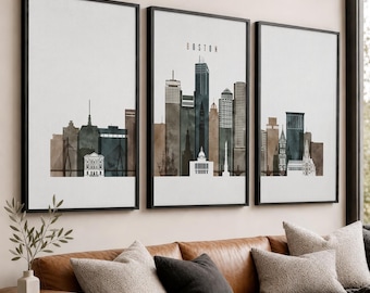 Boston Wall Art Set of 3 Prints, Boston MA Skyline Poster Triptych