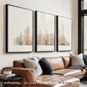 Hong Kong Skyline Art Prints: Set of 3, Modern Wall Art
