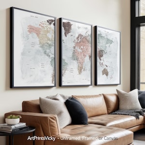 World Map 3 Piece Wall Art Prints | World Map Poster set | Set of 3 Maps | ArtPrintsVicky