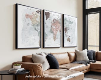 World Map 3 Piece Wall Art Prints | World Map Poster set | Set of 3 Maps | ArtPrintsVicky