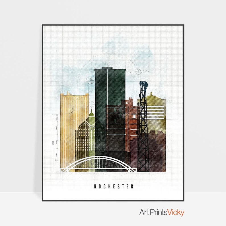 Rochester NY skyline poster Rochester print Rochester wall Etsy