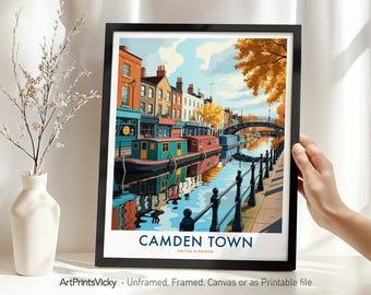 London Travel Print Wall Art, Camden Town Poster, Regent’s Canal Cityscape for Home Office Decor or Gift