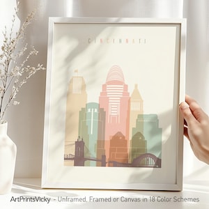 Impressão do horizonte de Cincinnati: arte de parede com paisagem urbana em creme pastel