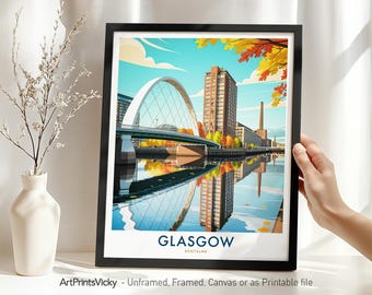 Glasgow Travel Print – Scotland, Glasgow Skyline Poster, Cityscape Wall Art for Home Office Decor, Wall Hanging, Housewarming Gift