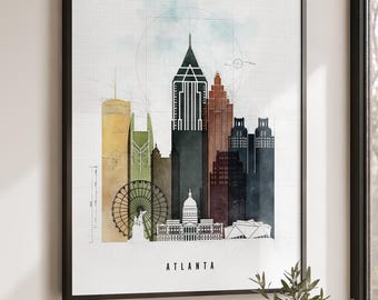 Atlanta Wall Art, Poster Skyline, Cityscape Print, Travel Gifts