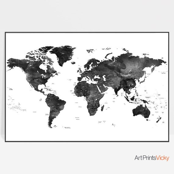 World Map Poster Black And White World Map World Map Wall Etsy