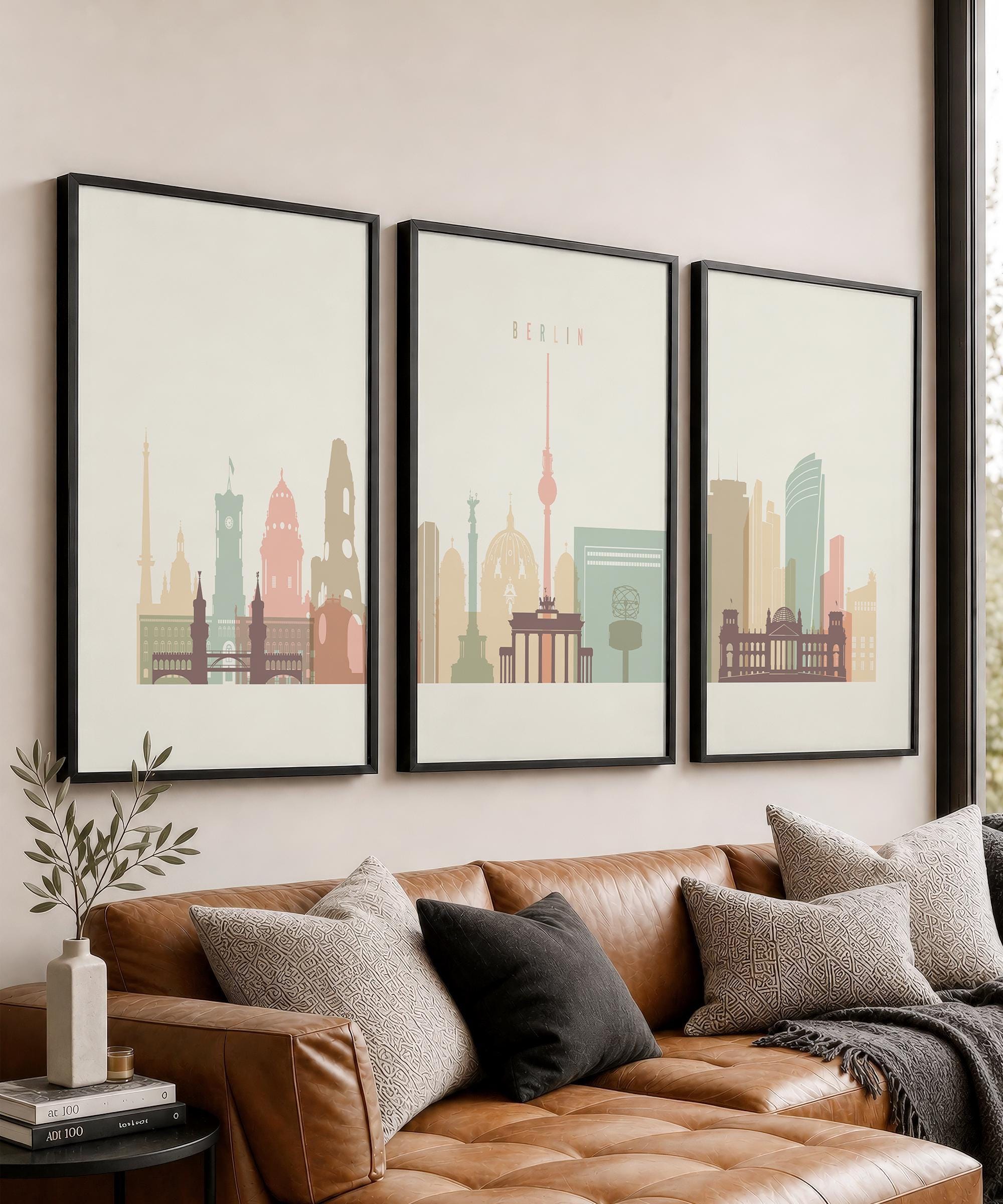 Berlin 3 Piece Wall Art Prints, Germany Skyline Poster Set, Triptych Decor