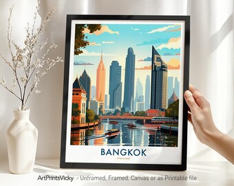 Bangkok Travel Print, Bangkok Skyline Poster, Thailand Cityscape Wall Art Illustration for Home Decor, Wall Hanging Housewarming Gift