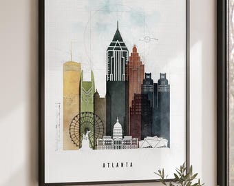 Atlanta Wall Art, Poster Skyline, Cityscape Print, Travel Gifts
