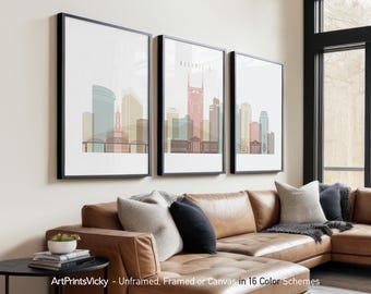 Nashville 3 Piece Wall Art Prints, Nashville Skyline Poster Set | ArtPrintsVicky