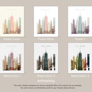 a set of four watercolor paintings of city buildings