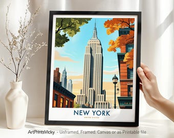 New York Travel Print, Poster, NYC Empire State Building Wall Art Home Office Decor, Iconic NYC Architecture Illustrations | Gift
