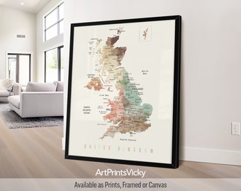 United Kingdom Wall Map Poster | Detailed UK Map Print | British Framed Map | England Map Canvas | Map of England | ArtPrintsVicky