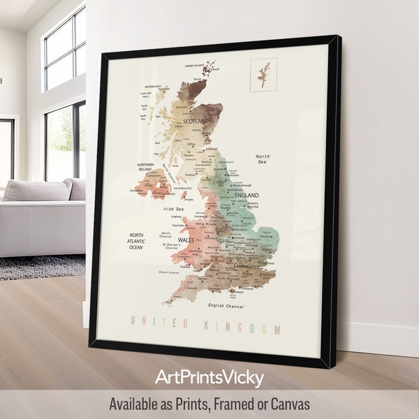 Großbritannien Wandkarte Poster | Detaillierte Landkarte des Vereinigten Königreiches | Britische gerahmte Karte | England Karte Canvas | Landkarte England | ArtPrintsVicky