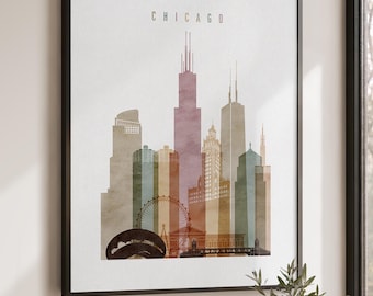 Affiche murale aquarelle de Chicago, impression de la skyline architecturale, décoration du paysage urbain de l'Illinois