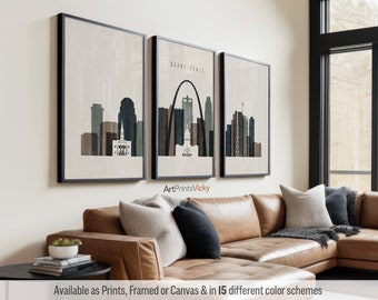 St. Louis 3 Piece Wall Art Prints, St Louis Skyline Poster Set | ArtPrintsVicky