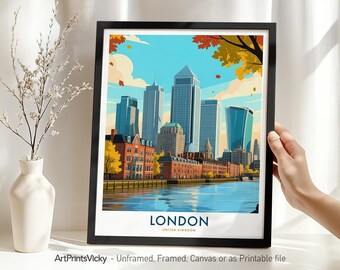 London Skyline Print, Travel Poster, Canary Wharf Wall Art for Home Office Decor, Housewarming Gift