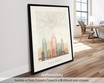 Cincinnati Map Print - City Map & Skyline Poster - Travel Prints Gift - Decor Wall Art for Home or Office | ArtPrintsVicky