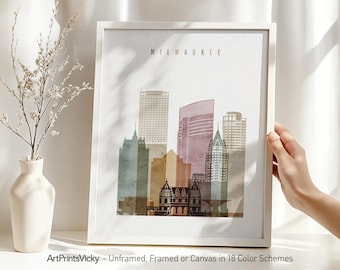 Milwaukee art print, Poster watercolor, Travel Wall art, Wisconsin Milwaukee skyline, City poster, Gift, Home Decor | ArtPrintsVicky