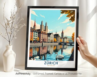 Zurich Travel Poster – Switzerland, Zurich Print, European Cityscape Wall Art Decor for Home or Office, Housewarming Gift