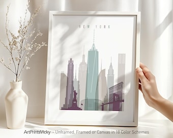 New York Art Print, Poster Skyline Wall Art in Soft Pastels | ArtPrintsVicky