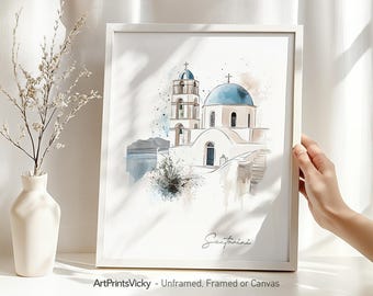 Santorini wall art print | Santorini poster watercolour | Santorini Greece cityscape drawing and Illustration | ArtPrintsVicky