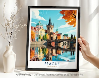Prague Travel Poster | Prague Art Print | Czech Republic Wall Art | Old Town Skyline Decor | European Travel Illustration