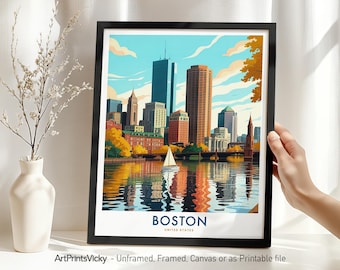 Boston Travel Print, Boston Skyline Poster, Massachusetts Wall Art, Wall Hanging Cityscape for Home Office Decor, Housewarming Gift