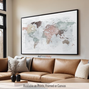 World Map Wall Art | Large World Map Poster | Detailed Map Canvas | Wall Map Print Framed | Personalised Map | ArtPrintsVicky