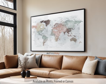 World Map Wall Art | Large World Map Poster | Detailed Map Canvas | Wall Map Print Framed | Personalised Map | ArtPrintsVicky