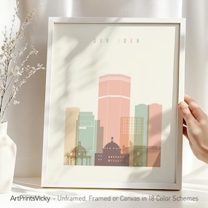Stampa artistica dello skyline di San Juan, Porto Rico: poster da viaggio color crema pastello