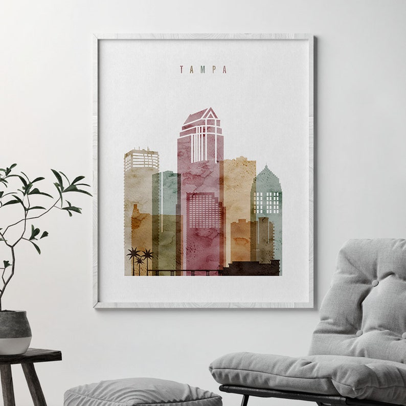 Tampa Skyline Art Print Watercolor Poster Wall Art Florida Etsy